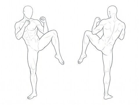 Male Martial Artists Demonstrating High Side Kick Techniques With Raised Legs and Stable Defensive Fighting Positions