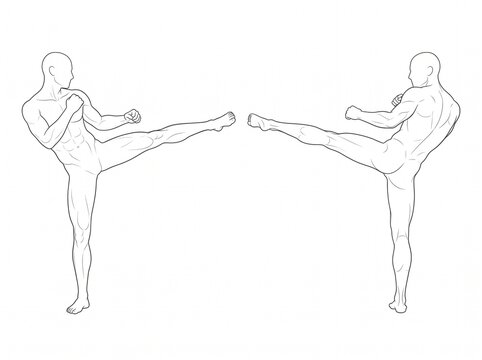 Mirrored Male Fighters Performing Extended Horizontal Kicks Toward Each Other in a Balanced Martial Arts Training Pose