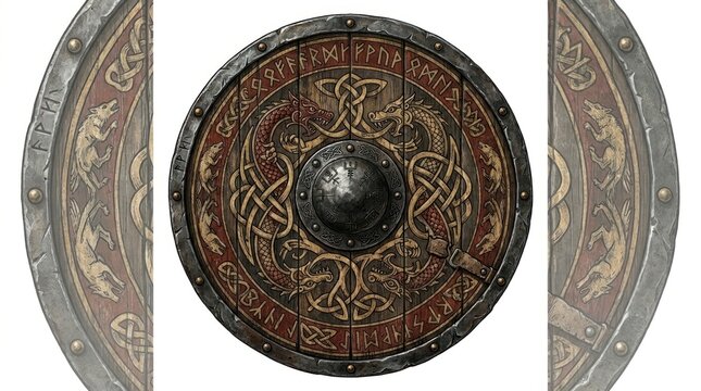 Circular wooden shield with ancient knotwork and dragon motifs