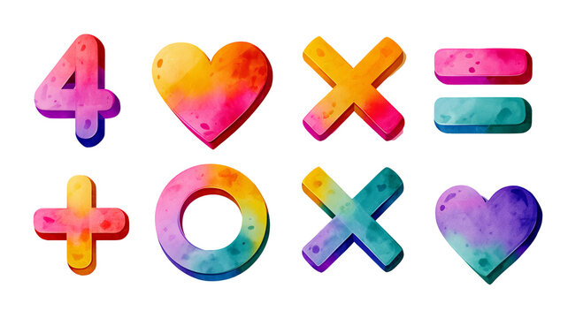Math symbols watercolor clipart set isolated on transparent background with soft shadows and clean edges, commercial use PNG collection