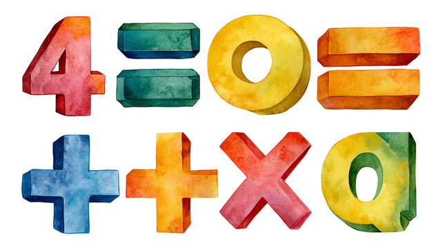 Math symbols watercolor clipart set isolated on transparent background with soft shadows and clean edges, commercial use PNG collection