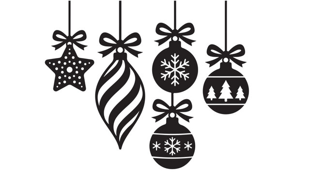 Black Christmas ornaments silhouette vector, hanging holiday baubles with bows, festive winter star and ball decorations