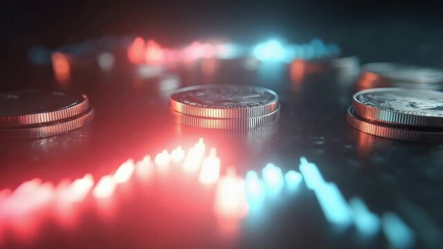 Cryptocurrency coins glint in the neon glow of a financial chart. ..Created with Generative AI, not depicting real subjects.