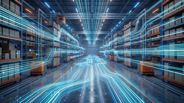 Automated warehouse logistics center with glowing blue light trails representing advanced supply chain management and robotic delivery systems in a high tech industrial storage unit