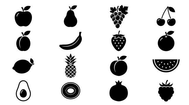 Black and white flat fruit icons set