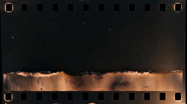 Old celluloid film strip with scorched edges and photographic grain for authentic retro look.