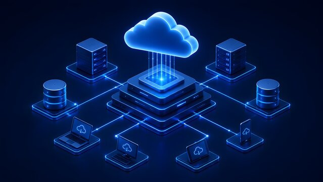 3D isometric view of enterprise cloud computing architecture with glowing neon servers databases and smart devices illustrating centralized data network