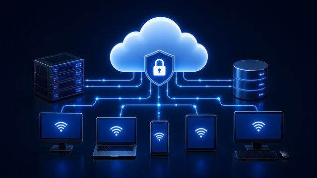 3D secure cloud computing network with glowing padlock shield protecting connected smart devices and servers via wireless internet