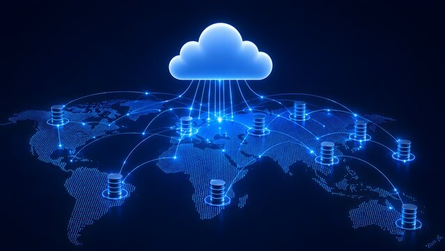 3D global cloud computing network connecting international data centers and databases over a digital world map infrastructure