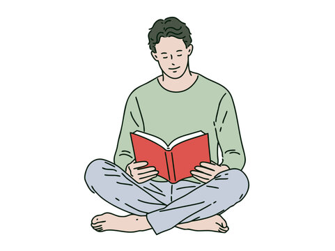Seated adult man reading a book isolated vector illustration