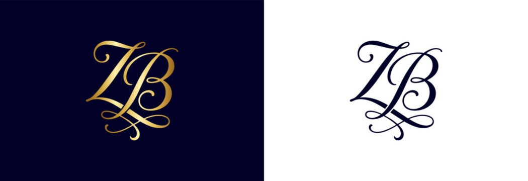 Elegant zb monogram flourished design navy blue and white for luxury branding.