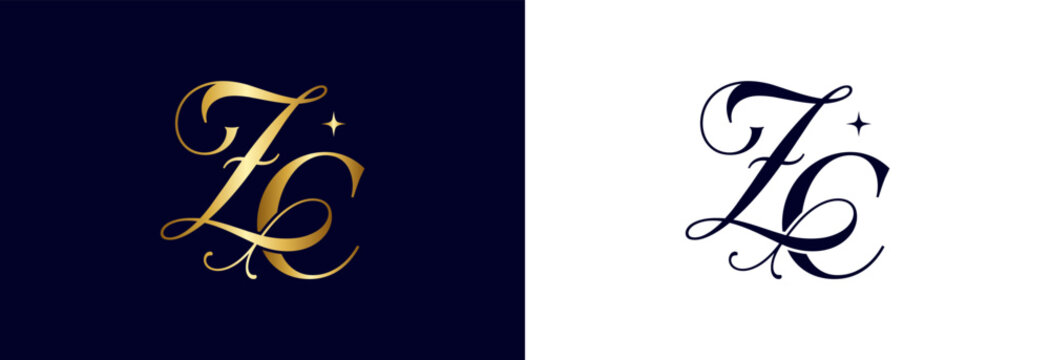 Monogram zc logo vector with elegant flourish in gold and navy blue colors.
