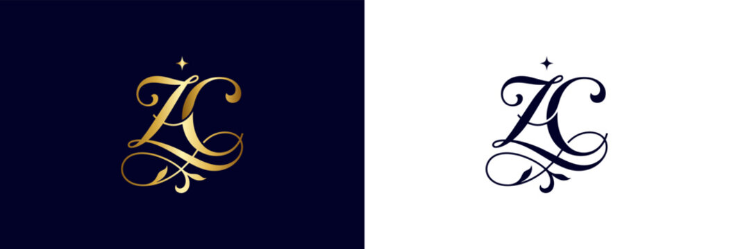 Gold letter Z C monogram logo on dark blue background and white.