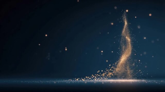 Golden particles swirl and dance in a mystical vortex, creating an ethereal and magical display against a deep, dark blue background. ..Created with Generative AI, not depicting real subjects.