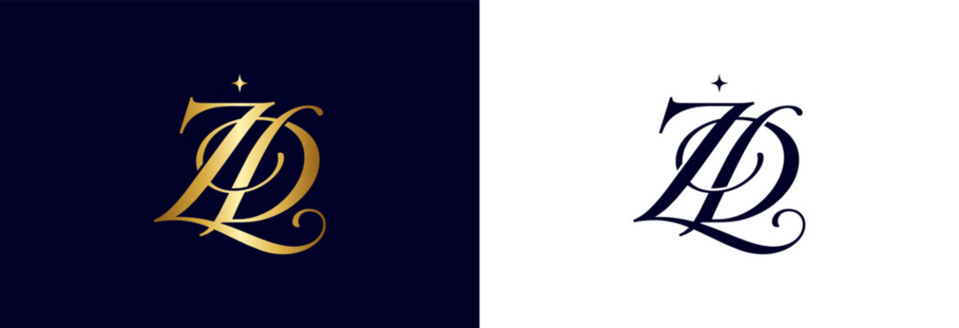 Interlocking zd initials luxury monogram logo design in gold and navy for wedding.