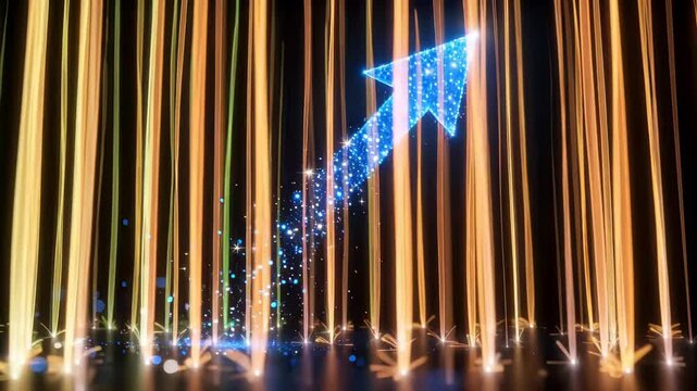 Blue glowing arrow with sparkles ascending through colorful vertical light beams against dark background