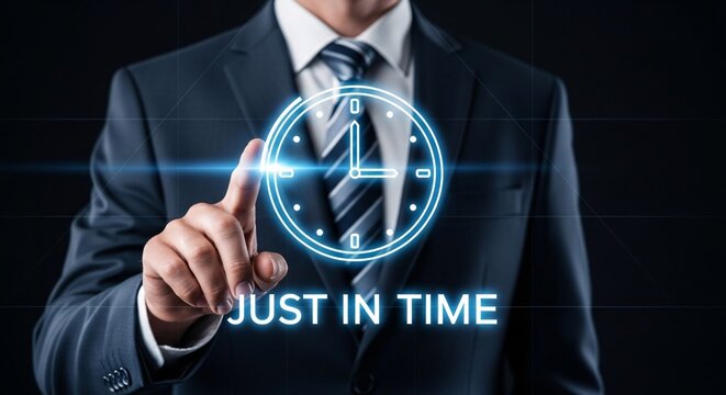 Businessman in a suit interacting with a futuristic digital clock display with the text just in time emphasizing punctuality and time management concepts for corporate use