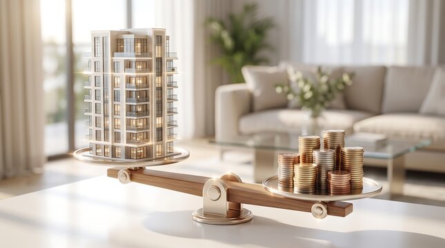 Architectural model of residential high rise apartment building on wooden scales balanced against stack of gold coins representing luxury real estate market investment and property value