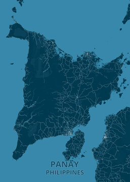 Deep teal and oceanic blue map of Panay, Philippines, highlighting Iloilo, Roxas City, Guimaras Strait, regional road network, and island geography.