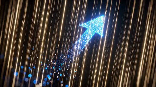 Blue glowing arrow composed of sparkles ascending against dark background with golden light streaks