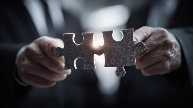 Two hands hold interlocking puzzle pieces, symbolizing connection and successful collaboration in business. ..Created with Generative AI, not depicting real subjects.
