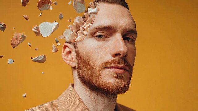 Man's head exploding into pieces against a vibrant yellow background
