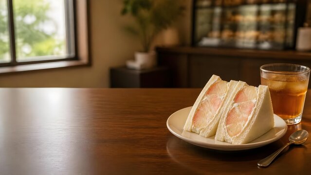 落ち着いた和モダンカフェの窓辺で楽しむ、大ぶりの完熟桃を贅沢に挟んだボリューム満点の自家製フルーツサンドと冷たいアイスティー