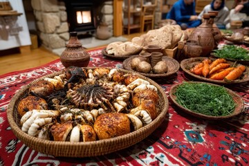 Obraz premium A rustic table laden with a traditional feast, featuring roasted mushrooms and other dishes, creates a warm and inviting atmosphere