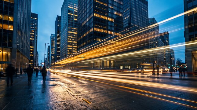 Vibrant night scene in metropolitan city with light trails from moving traffic motion blur and pedestrians on wet city streets in front of illuminated glass skyscrapers in financial hub