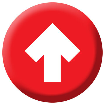 3D Red Up Arrow Button, Volumetric Circle Upload Badge Isolated on White Background
