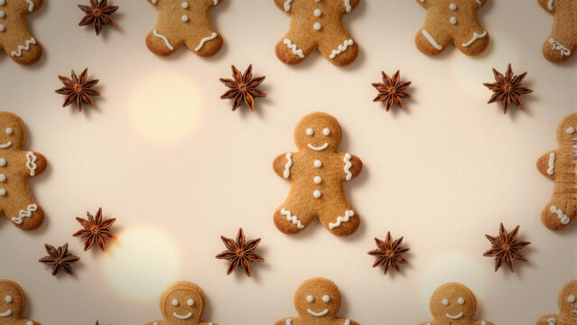 Festive Christmas pattern with cute gingerbread men cookies and star anise spices