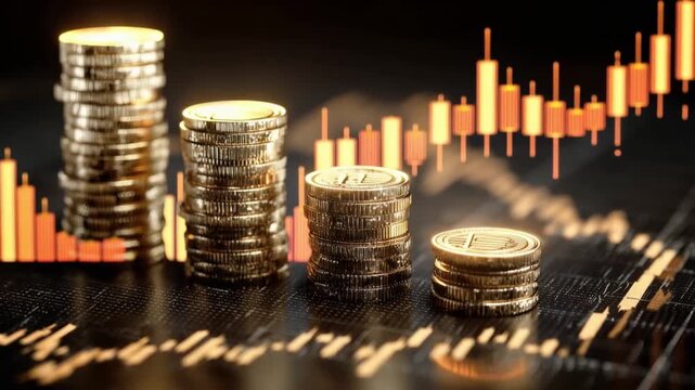 Stacked coins ascend in value alongside a dynamic stock market graph, symbolizing financial growth and investment success. ..Created with Generative AI, not depicting real subjects.