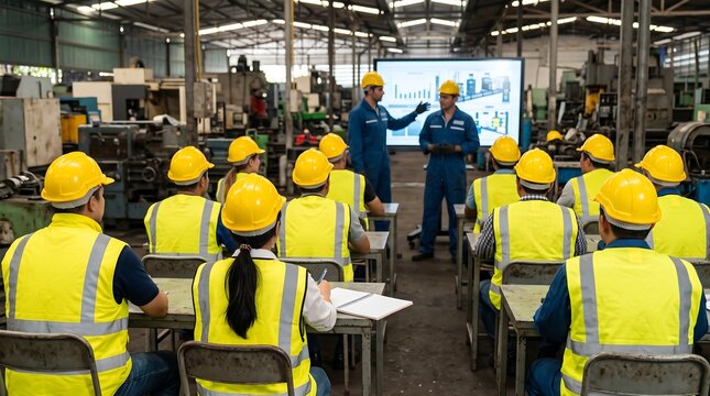 Industrial plant training seminar with group of workers in yellow hard hats and high visibility vests watching instructors present technical data on large digital screen display