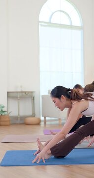 Asian female instructor guides student through hamstring stretch on yoga mat, adjusting forward reach, keeping spine long, improving flexibility, mobility, safe posture in vertical studio video
