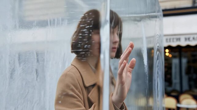 Woman in Paris touches ice block with Eiffel Tower in background