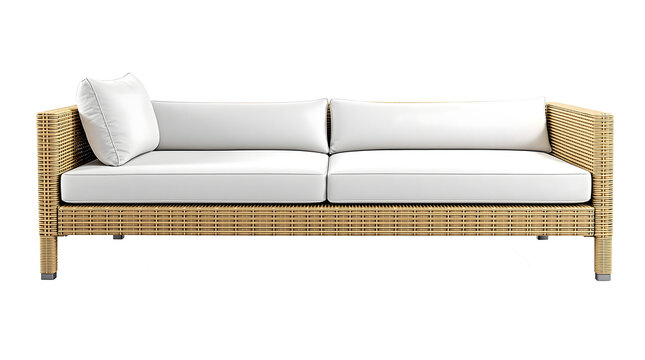 Modern rattan wicker sofa with white cushions isolated on white background outdoor garden bench seating