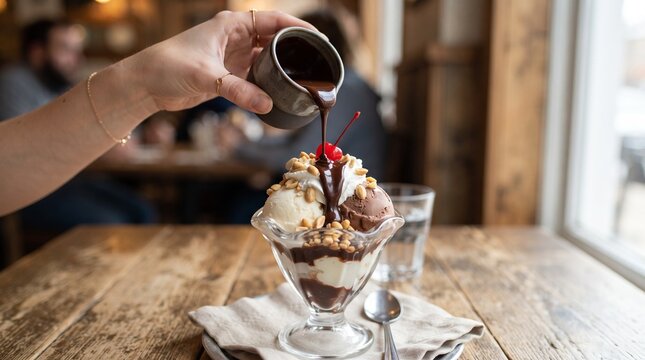 Hand pouring hot fudge onto a classic ice cream sundae with toppings