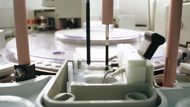 Close industrial machine scene shows circular platform, vertical guide rods, tubing, foam insulation, and molded housing parts under soft bright backlight, with industrial, machine, laboratory