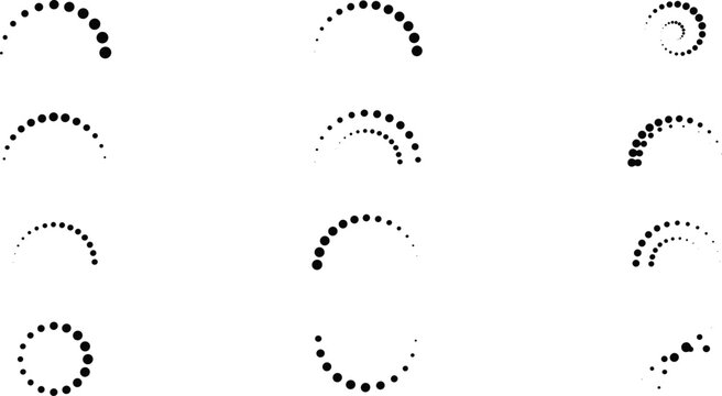 Collection of black dot halftone arcs, spirals, and circular patterns