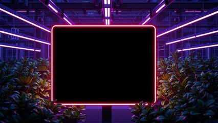 Obraz premium Dark room features blank screen framed by neon lights, lush foliage surrounds display. Futuristic, vibrant aesthetic dominates scene.