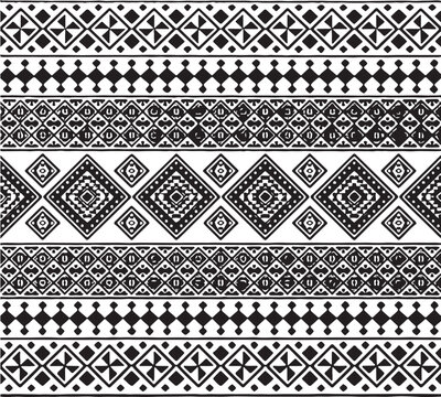 Tribal ethnic seamless pattern with geometric borders. Black and white aztec ornament vector. Traditional folk textile design.