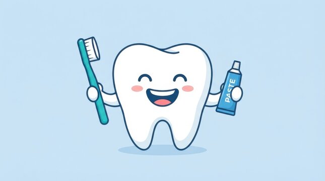 Happy cartoon tooth character holding a toothbrush and toothpaste tube