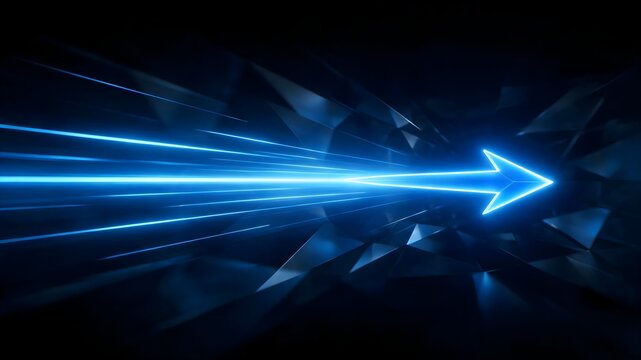 Futuristic blue glowing outline arrow breaking through dark abstract geometric glass shards illustrating cyber security hacking breach dimensional warp and technological disruption