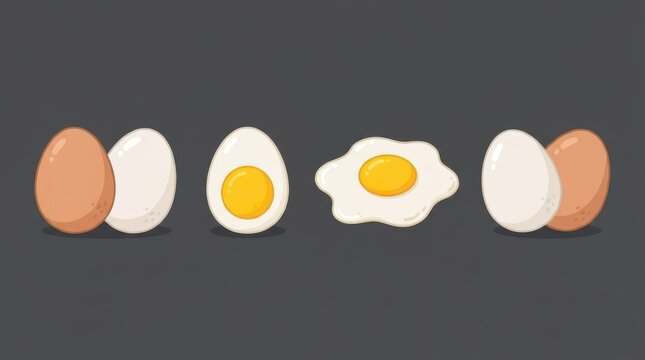 Set of various egg preparations including whole eggs, boiled egg, and fried egg