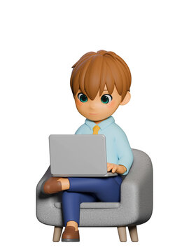 3D CG｜ソファに座ってノートパソコンで仕事をする若いビジネスマン