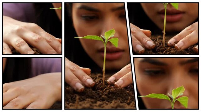 Close-up views show a woman carefully planting a small green sapling in rich soil, with her hands surrounding the young plant in a detailed garden scene.
