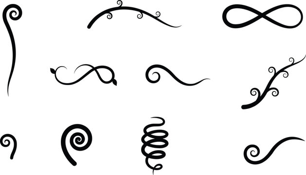Set of black decorative swirls, flourishes, and calligraphic