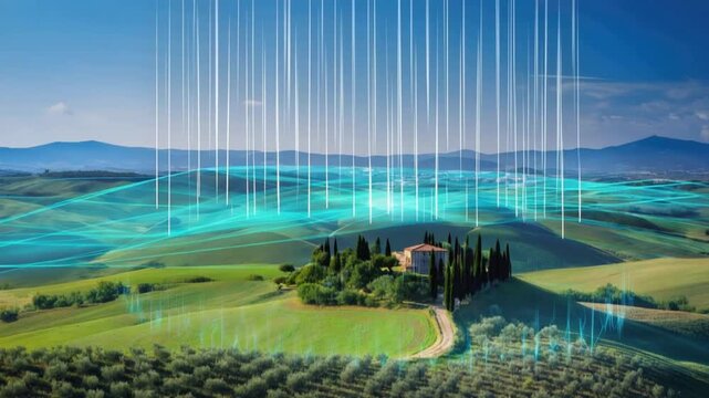 Futuristic smart farm concept with a villa surrounded by rolling hills and agricultural fields. ..Created with Generative AI, not depicting real subjects.