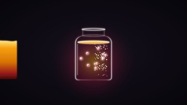 Magical glowing particles and bubbles inside a glass jar on dark background