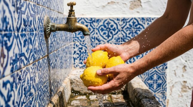 Hands washing fresh yellow lemons under running water from brass tap against blue ceramic tiles at Amalfi coast.